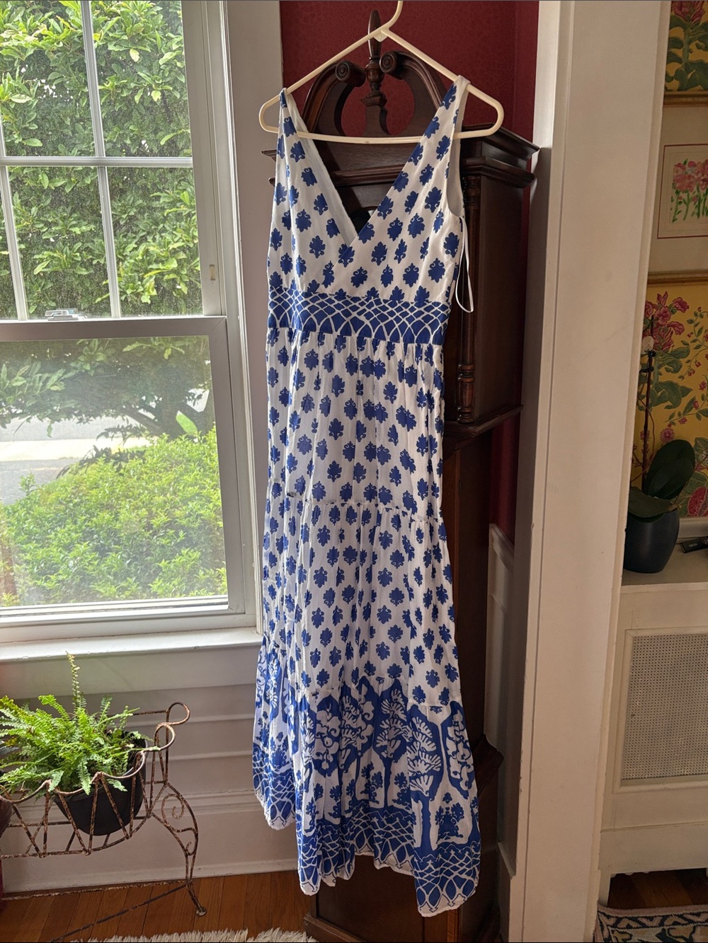 J. Crew White and Blue V-Neck Printed Maxi Dress